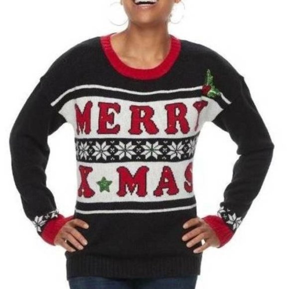 *Ugly Christmas Sweater USS Black X-Small Merry X-Mas Light Up Long Sleeve Crew - Picture 1 of 4